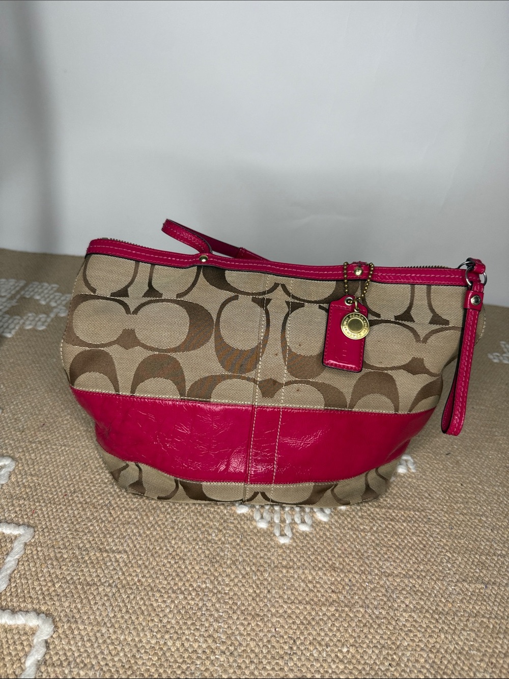 Coach Khaki Signature Canvas Wristlet with Hot Pink Trim